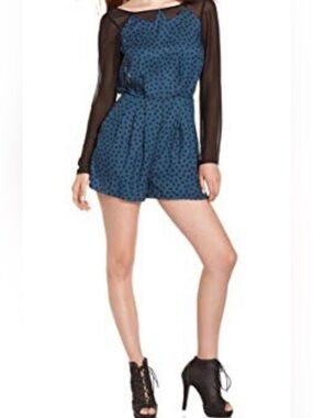 BCBGeneration Polka Dot Romper Mesh Sleeve Open Back Blue Black Size 6